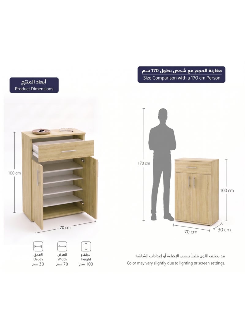 Furniture Store Modern shoe rack/shoe cabinet with a wide drawer and 5 shelves, MDF, in light wood color with white, high-quality finish, from Furniture Store. - Image 3