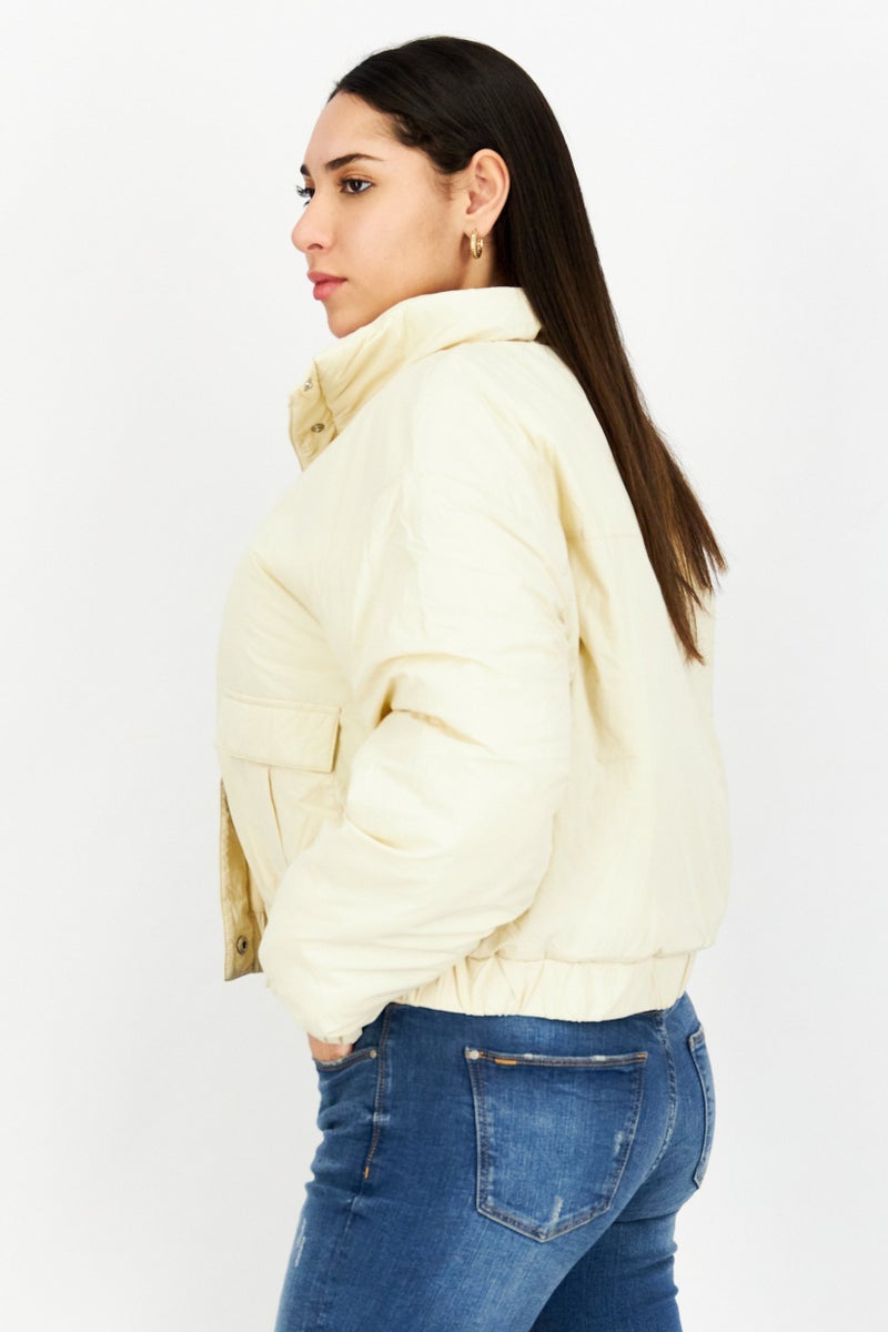 NA-KD Women Solid Bomber Jacket, Cream  - Image 2