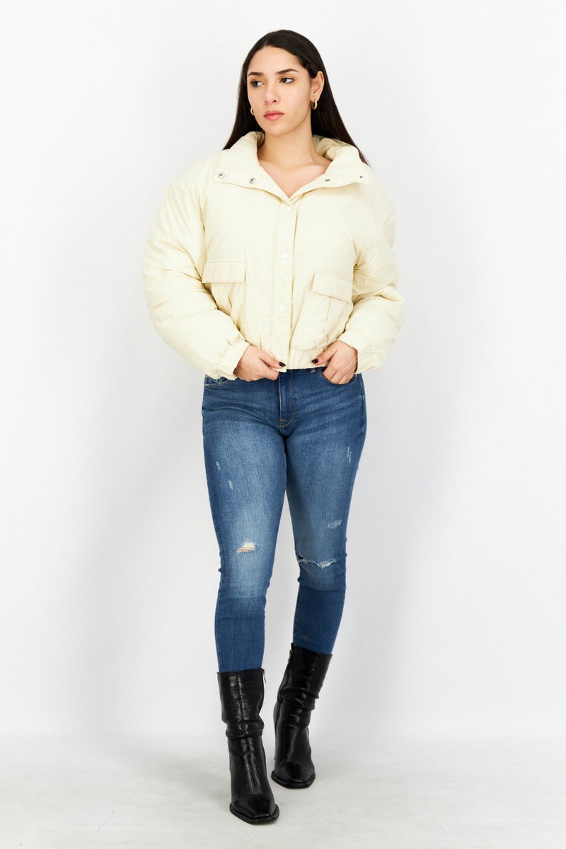 NA-KD Women Solid Bomber Jacket, Cream  - Image 3