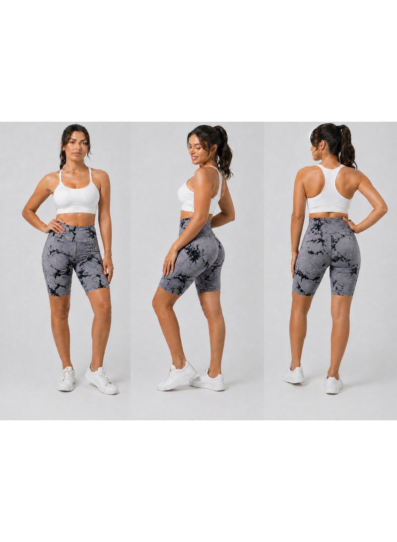 Women’s High-Waisted Marble Biker Shorts – Stretchy Gym & Yoga Leggings, Tummy Control, Above Knee Length, Soft Breathable Activewear