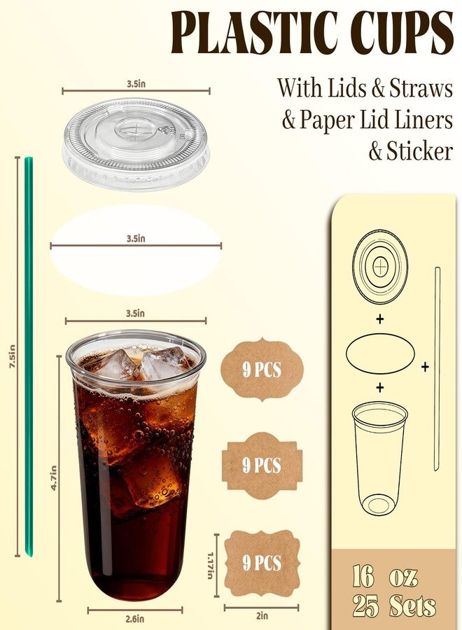 Eclatbox 25 Sets 16 oz Clear Plastic Cups with Lids and Straws, Disposable Iced Coffee Cups for Cold Beverages, Smoothies, Bubble Tea, Includes Leak-Proof Paper and Stickers - Image 2
