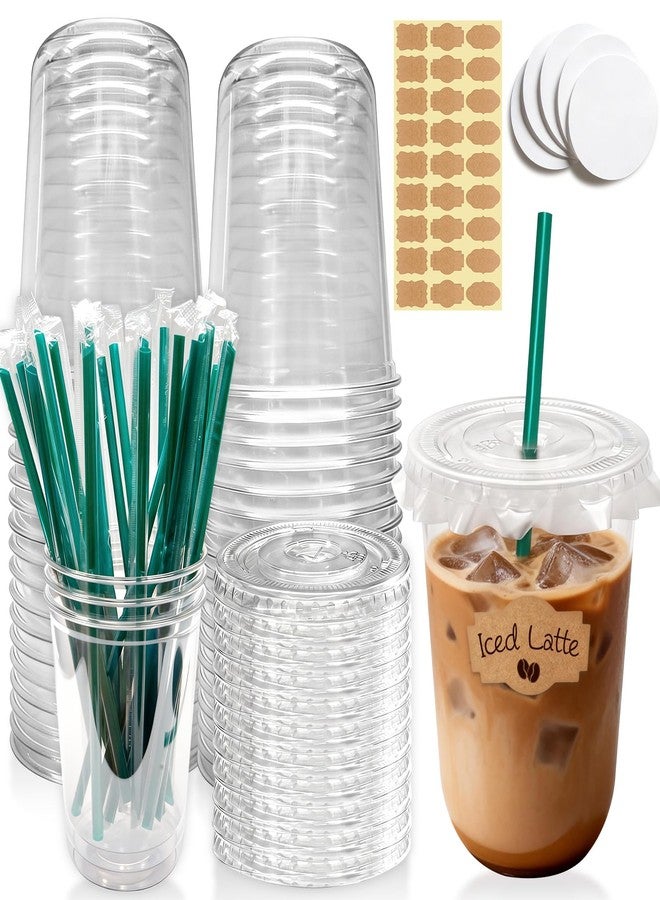 Eclatbox 25 Sets 16 oz Clear Plastic Cups with Lids and Straws, Disposable Iced Coffee Cups for Cold Beverages, Smoothies, Bubble Tea, Includes Leak-Proof Paper and Stickers - Image 1