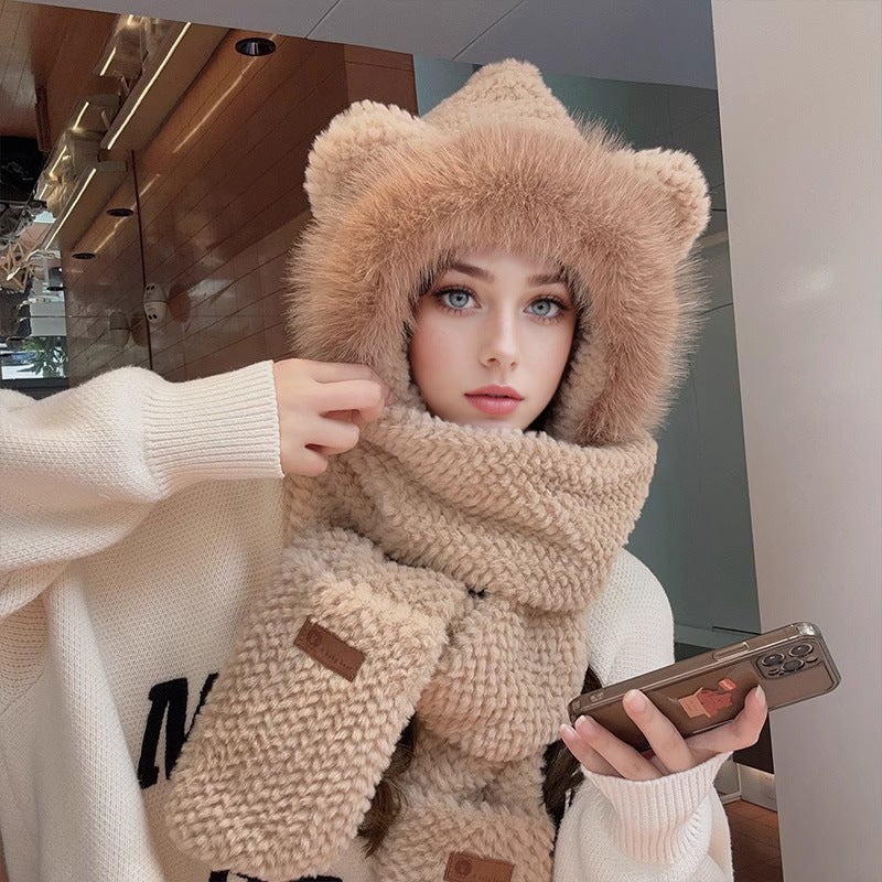 Cute Cat Ear Knit Beanie Women Autumn Winter Fashion Warm 791 camel three-piece set [round ear-big Mao Mao hat brim]]