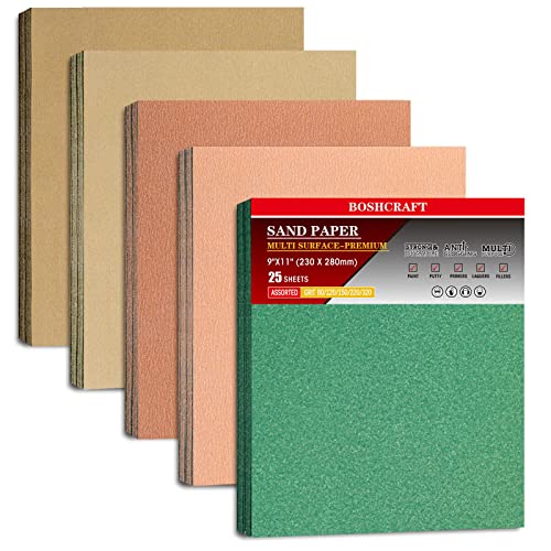 BOSHCRAFT 25 PCS Sandpaper, Sandpaper Assortment for Wood Metal Furniture Hand Sander Sand Paper 80/120/150/220/320 Grit Sandpaper Sheets Cut for Use 9" x 11" - Image 1