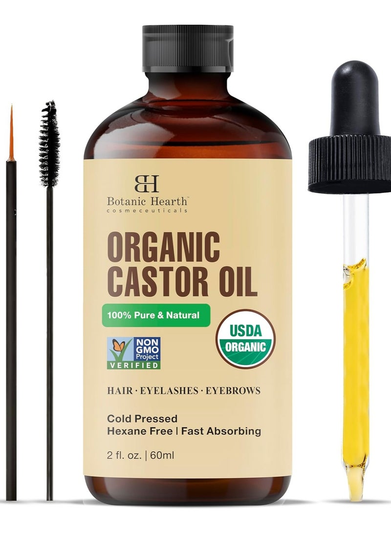 بوتانيك هيرث زيت الخروع النباتي | عضوي معتمد من وزارة الزراعة الأمريكية | نقي 100% وخالي من الهكسان | معصور على البارد | نمو الرموش والحواجب والشعر | مع فرشاة الحواجب والرموش | 2 أونصة سائلة