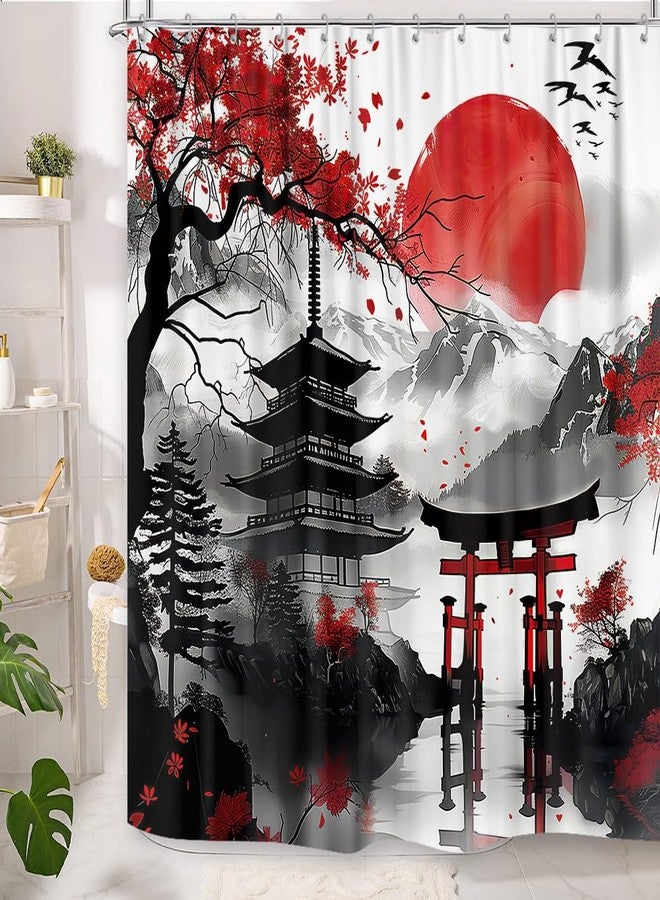 GOAOK Japanese Anime Shower Curtain, Cool Watercolor Japan Cherry Blossom Floral Mountain Sun Asian Oriental Abstract Art Shower Curtain Red and Black Fabric Bathroom Decorative with 12 Hooks, 72"×72" - Image 2