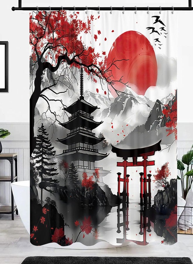 GOAOK Japanese Anime Shower Curtain, Cool Watercolor Japan Cherry Blossom Floral Mountain Sun Asian Oriental Abstract Art Shower Curtain Red and Black Fabric Bathroom Decorative with 12 Hooks, 72"×72" - Image 4