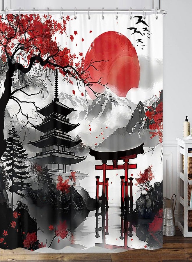 GOAOK Japanese Anime Shower Curtain, Cool Watercolor Japan Cherry Blossom Floral Mountain Sun Asian Oriental Abstract Art Shower Curtain Red and Black Fabric Bathroom Decorative with 12 Hooks, 72"×72" - Image 1