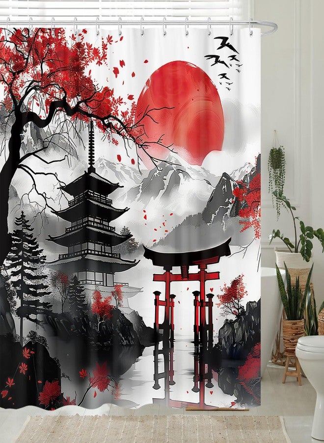 GOAOK Japanese Anime Shower Curtain, Cool Watercolor Japan Cherry Blossom Floral Mountain Sun Asian Oriental Abstract Art Shower Curtain Red and Black Fabric Bathroom Decorative with 12 Hooks, 72"×72" - Image 3
