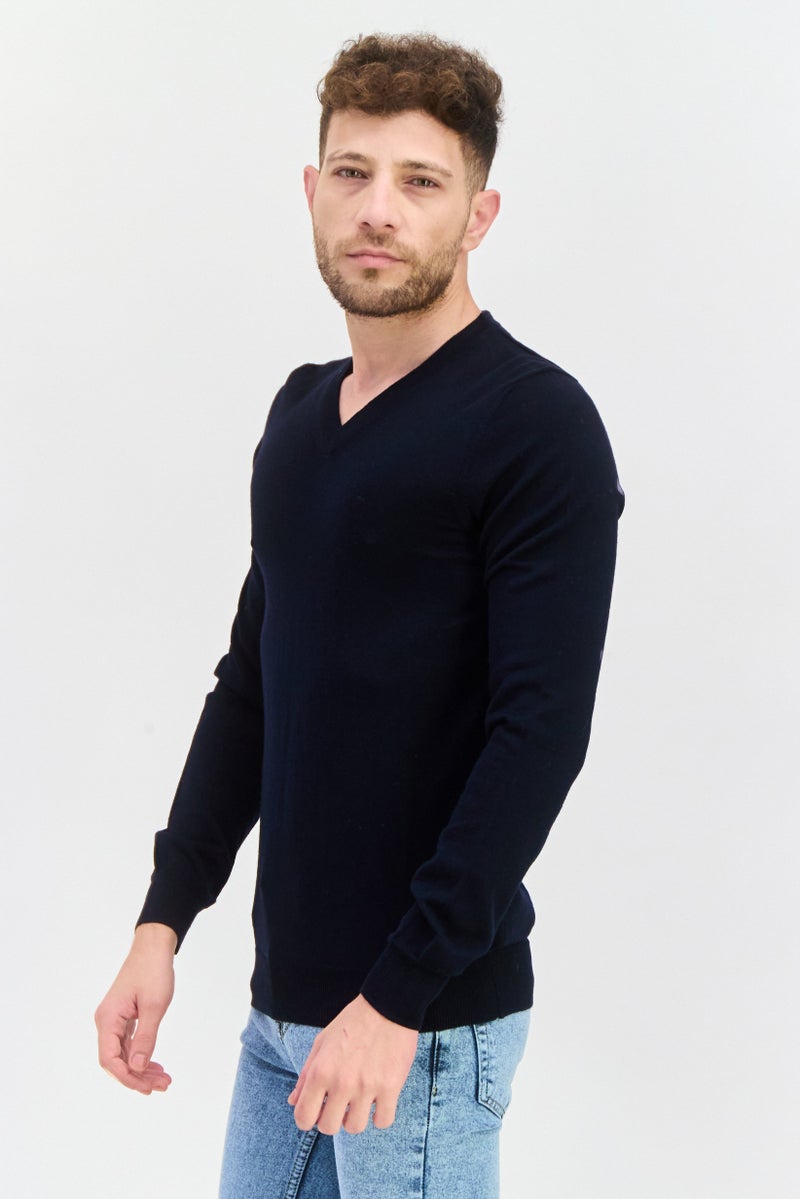 Lyle & Scott Men V-Neck Long Sleeves Knitted Sweater, Navy Blue - Image 3