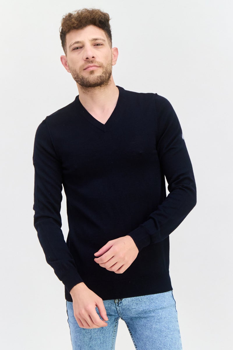 Lyle & Scott Men V-Neck Long Sleeves Knitted Sweater, Navy Blue - Image 1