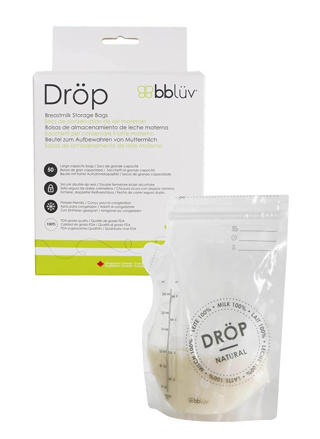 bbluv - Dröp Breastmilk Storage Bags – 240ml, Leakproof Double Zip Seal, BPA-Free, Pre-Sterilized, Freezer-Safe, Self-Standing Design, Easy-Pour Spout for Hassle-Free Use | bblüv - Image 1