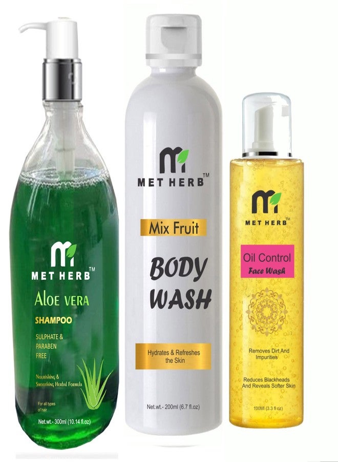 METHERB Aloe Vera Shampoo 300ml & Mix Fruit Body Wash -200ml & Oil control Face Wash -100ml (combo pack) - Image 1