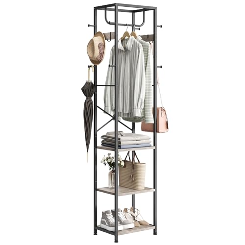ELYKEN Coat Rack Freestanding, Hall Tree with 3 Storage Shelves and 12 Hooks, Industrial Clothes Rack Stand Organizer for Bedroom, Hallway, Entryway, Office, Living Room, Greige - Image 1