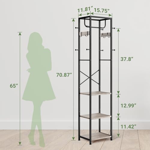 ELYKEN Coat Rack Freestanding, Hall Tree with 3 Storage Shelves and 12 Hooks, Industrial Clothes Rack Stand Organizer for Bedroom, Hallway, Entryway, Office, Living Room, Greige - Image 3