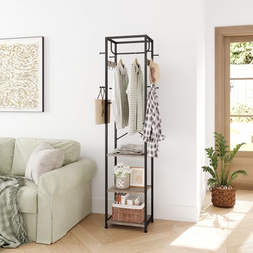 ELYKEN Coat Rack Freestanding, Hall Tree with 3 Storage Shelves and 12 Hooks, Industrial Clothes Rack Stand Organizer for Bedroom, Hallway, Entryway, Office, Living Room, Greige - Image 2