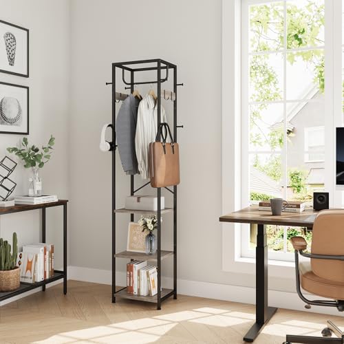 ELYKEN Coat Rack Freestanding, Hall Tree with 3 Storage Shelves and 12 Hooks, Industrial Clothes Rack Stand Organizer for Bedroom, Hallway, Entryway, Office, Living Room, Greige - Image 4