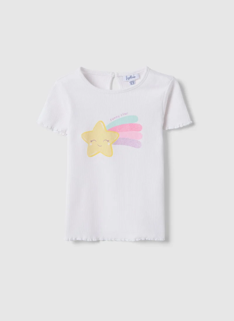 او في اس Ovs Girls' White Stretch Cotton T-Shirt With Star