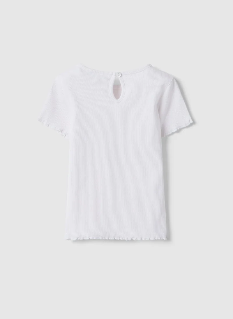 او في اس Ovs Girls' White Stretch Cotton T-Shirt With Star