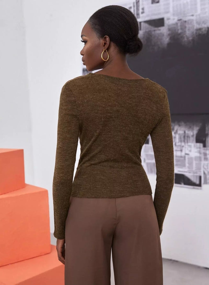 Draped Collar Marled Knit Tee - Image 2
