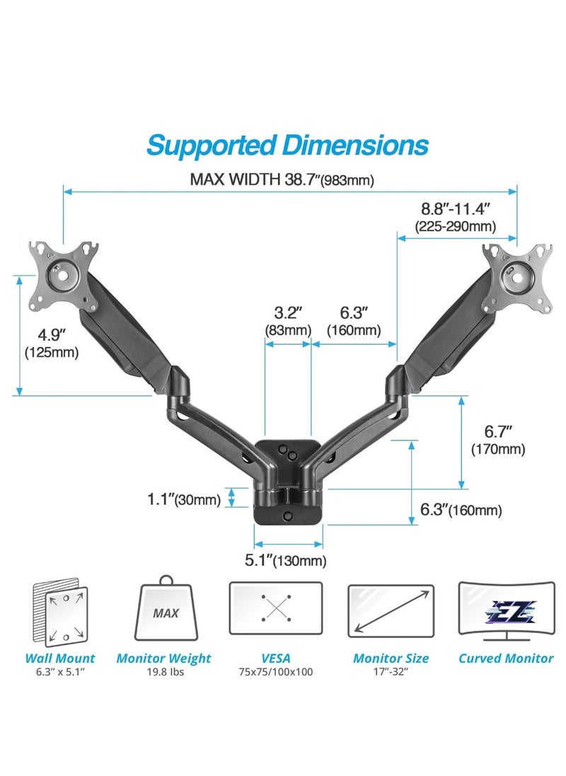 ELTRAZONE Dual 17"-32" Monitor Wall Mount fits Two 19.8 lbs Flat/Curved Computer Monitor Full Motion Height Swivel Tilt Rotation Adjustable Monitor Arm - VESA/Cable Management  - Image 2