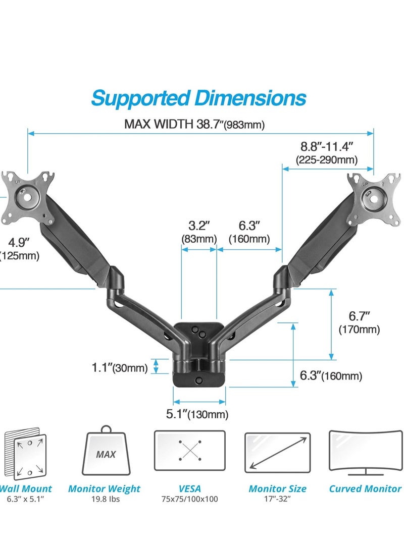 ELTRAZONE Dual 17"-32" Monitor Wall Mount fits Two 19.8 lbs Flat/Curved Computer Monitor Full Motion Height Swivel Tilt Rotation Adjustable Monitor Arm - VESA/Cable Management  - Image 4