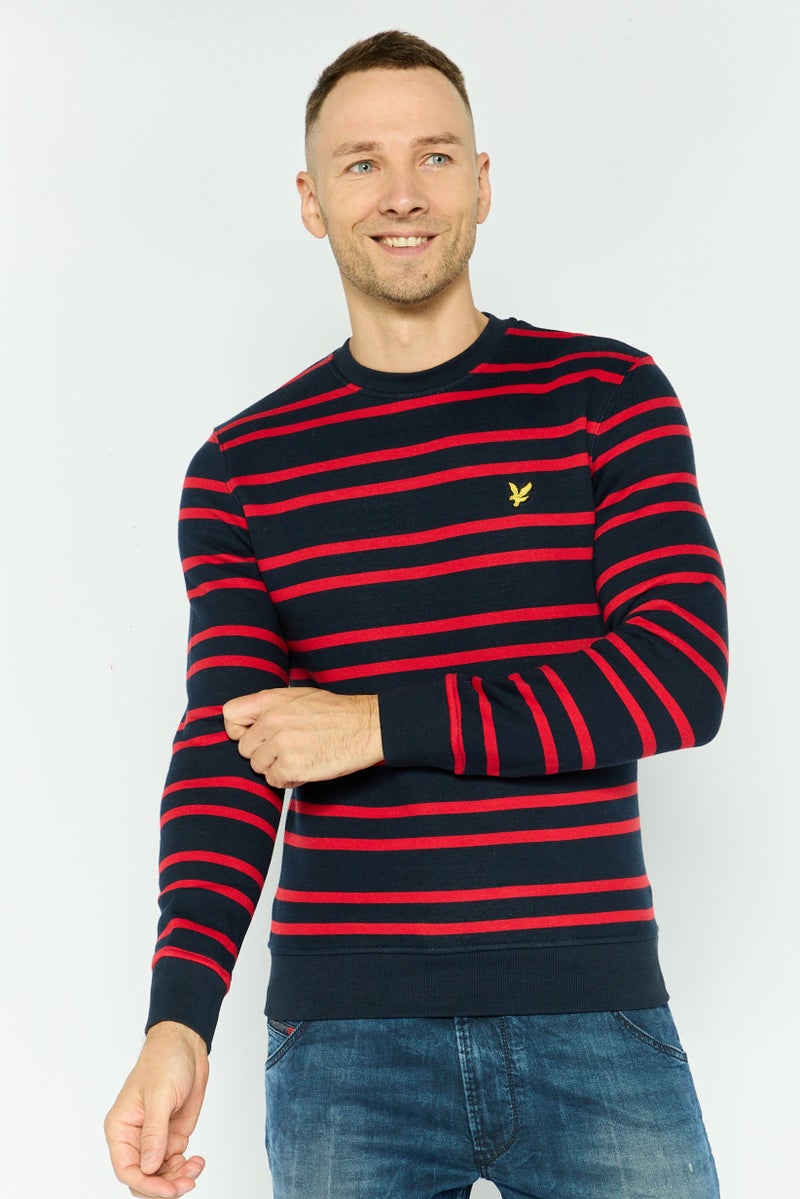 Lyle & Scott سويت شيرت رجالي بأكمام طويلة وياقة دائرية مخطط، Navy - Image 1