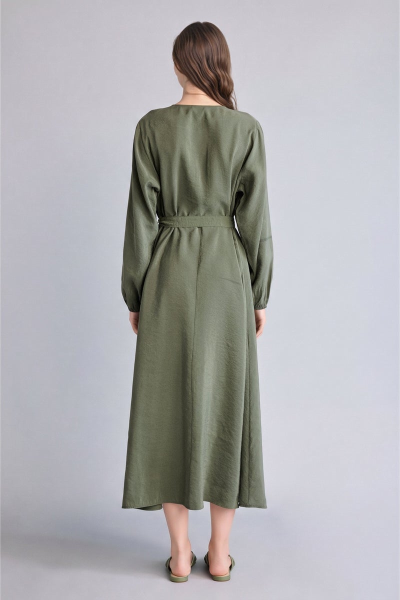 DeFacto Green Woman Crew Neck modal Balloon Sleeves Dress Casual - Image 5