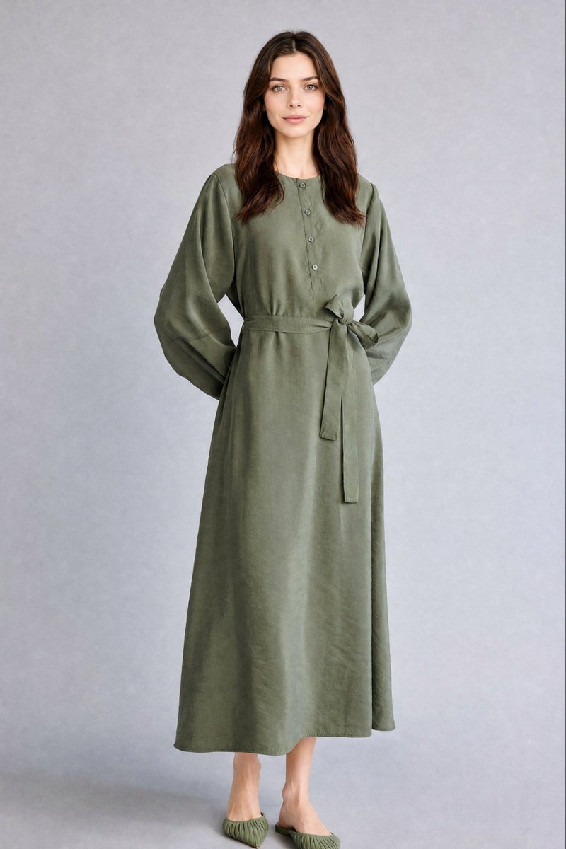 DeFacto Green Woman Crew Neck modal Balloon Sleeves Dress Casual - Image 2