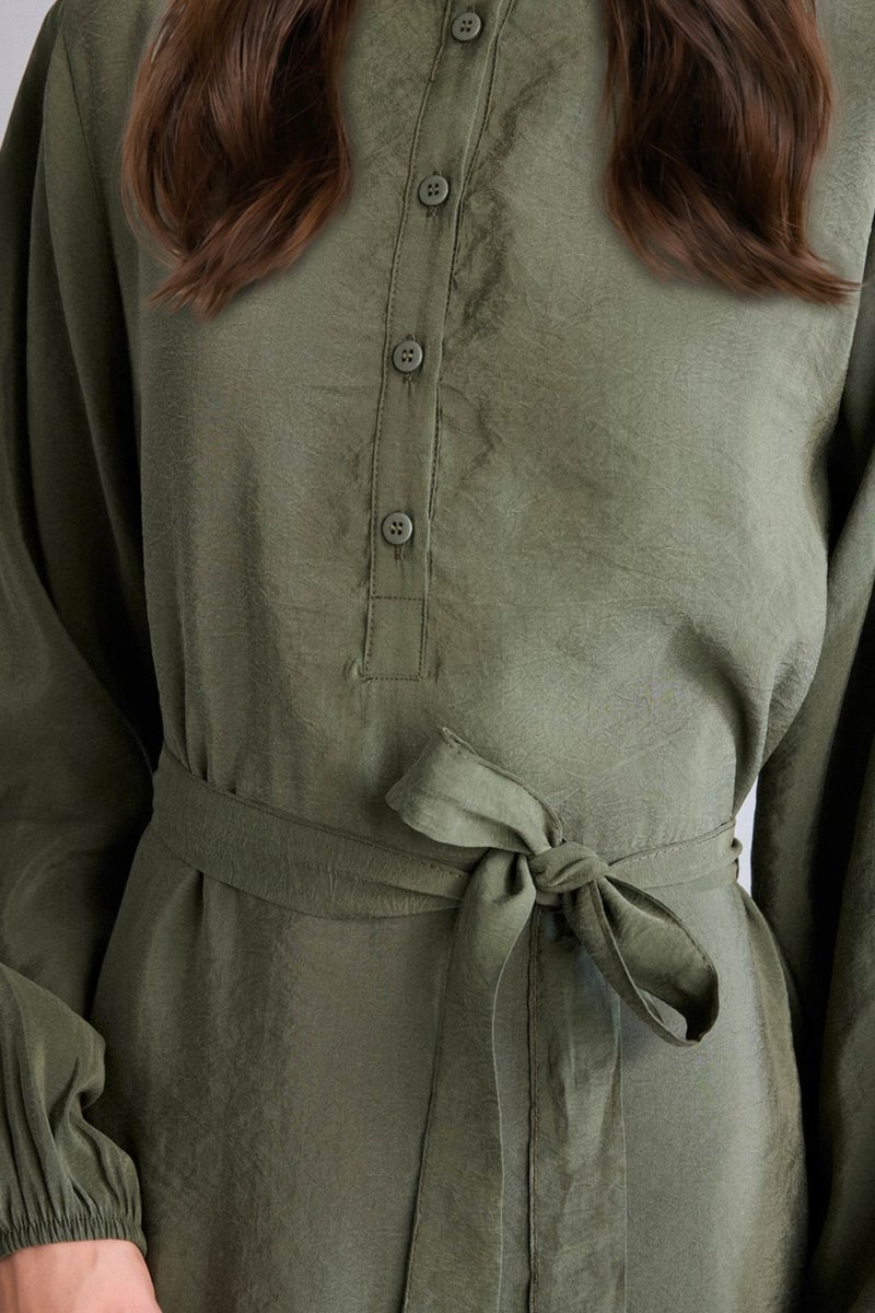 DeFacto Green Woman Crew Neck modal Balloon Sleeves Dress Casual - Image 4