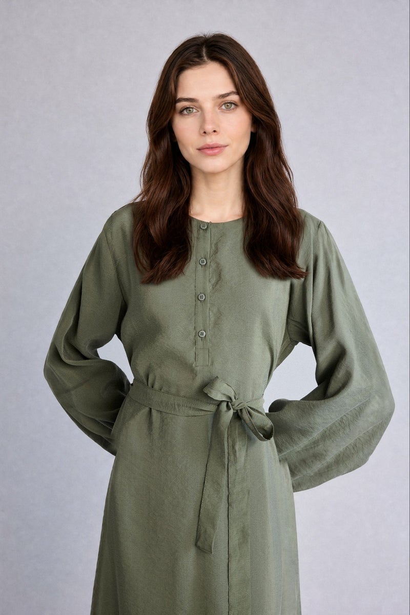 DeFacto Green Woman Crew Neck modal Balloon Sleeves Dress Casual - Image 3
