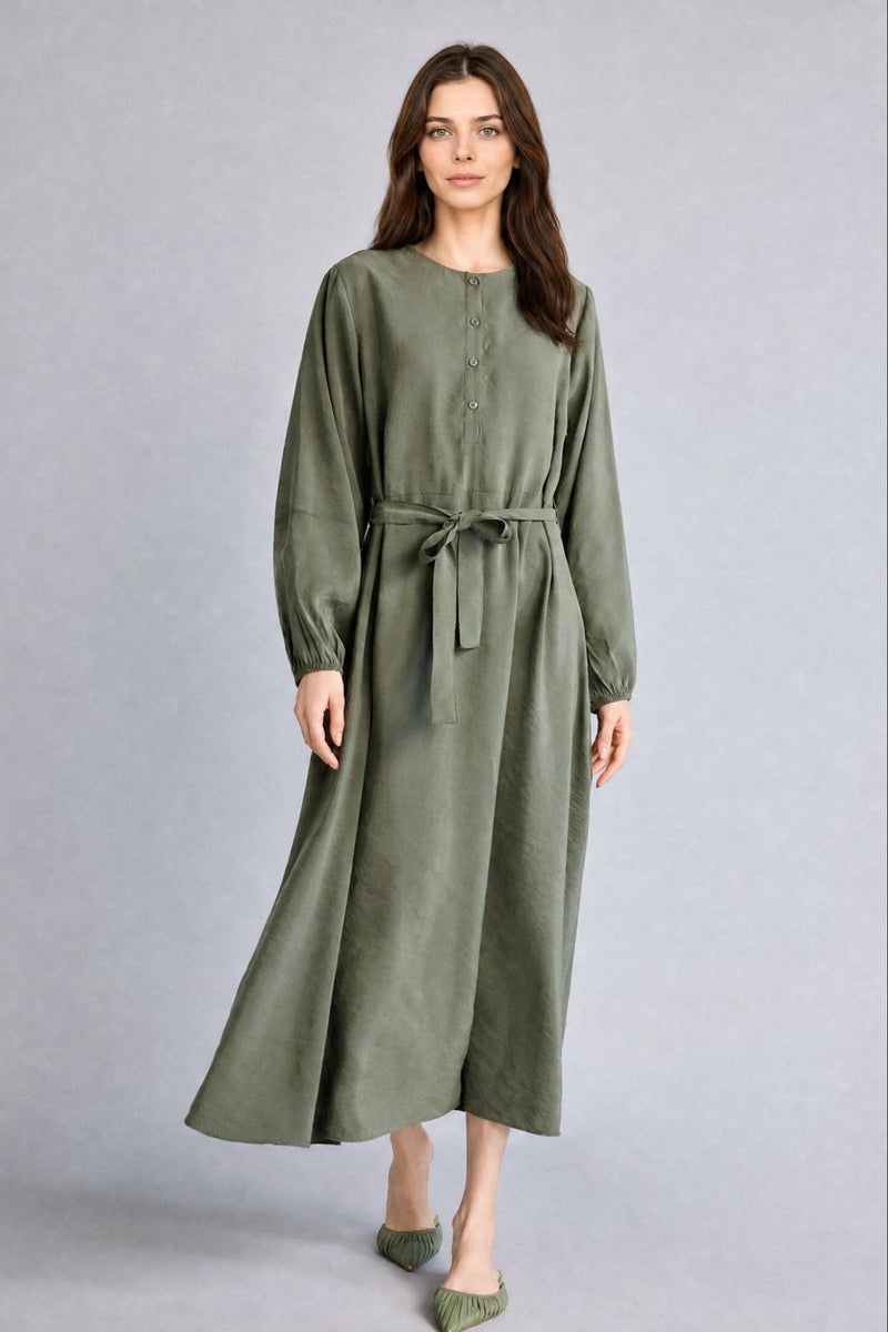 DeFacto Green Woman Crew Neck modal Balloon Sleeves Dress Casual - Image 1