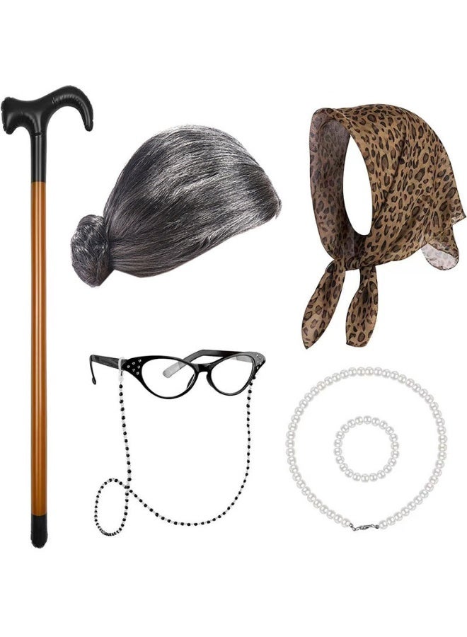 100 Days of School Old Lady Wig Cosplay Set, Halloween Granny Costume Party Wigs with Glasses, Chain, Necklace, Headscarf, walking stick,Bracelet Dress Up Costume Cosplay Supplies(7Pcs)