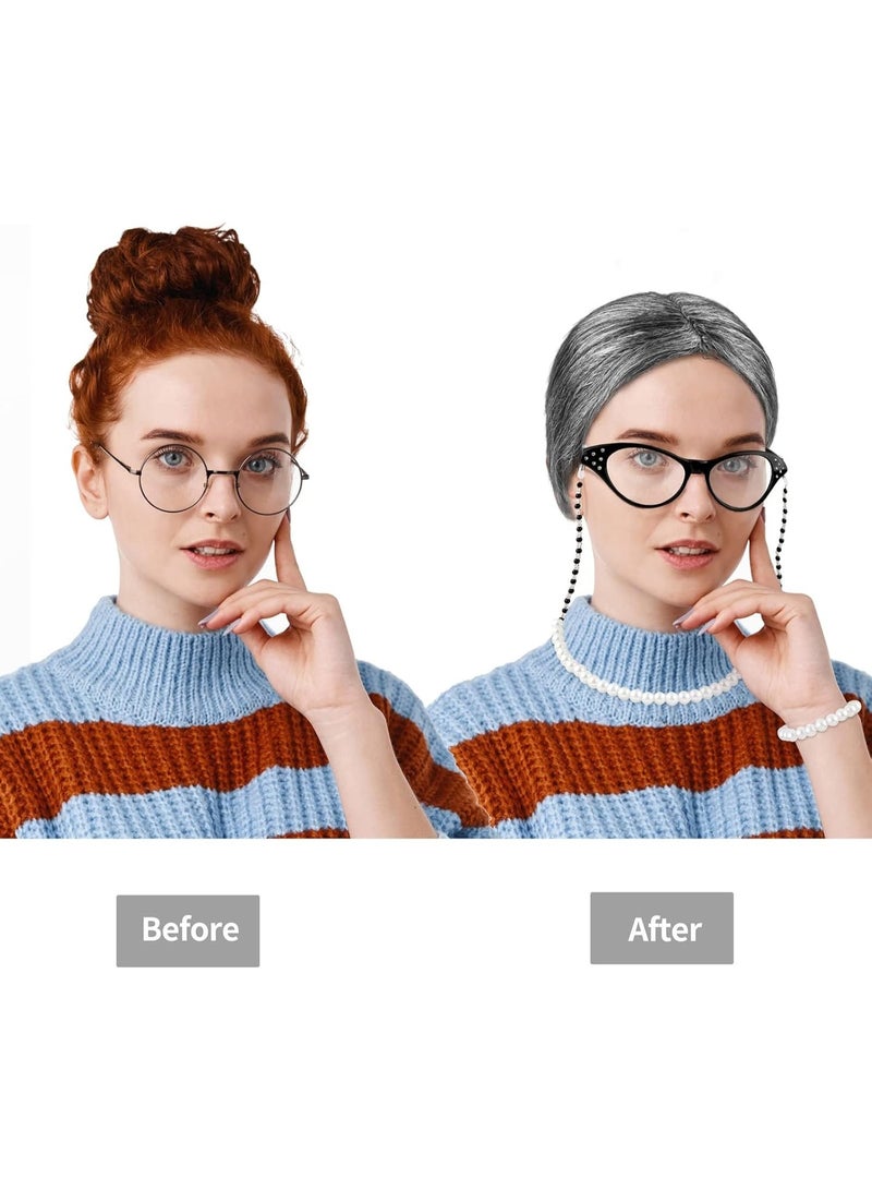 100 يوم من المدرسة السيدة القديمة الباروق كوسبلاي مجموعة، هالوين الجدة زي الحزب الباروق مع النظارات، سلسلة، قلادة، الحجاب، عصا المشي، سوار لباس حتى زي كوسبلاي الإمدادات (7 قطع) - Image 4