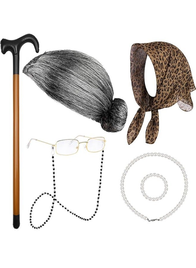 7 Pieces 100 Days of School Old Lady Wig Set Halloween Granny Costume Party Wigs with Glasses, Chain, Necklace, Headscarf, walking stick,Bracelet Dress Up Costume Cosplay Supplies  - Image 1