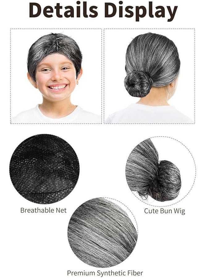 7 Pieces 100 Days of School Old Lady Wig Set Halloween Granny Costume Party Wigs with Glasses, Chain, Necklace, Headscarf, walking stick,Bracelet Dress Up Costume Cosplay Supplies  - Image 2