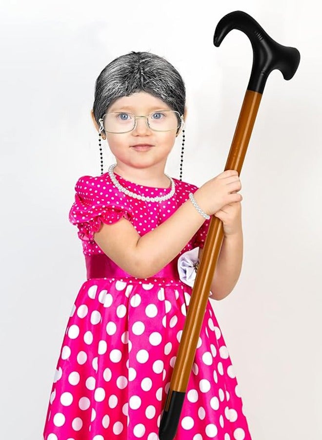 7 Pieces 100 Days of School Old Lady Wig Set Halloween Granny Costume Party Wigs with Glasses, Chain, Necklace, Headscarf, walking stick,Bracelet Dress Up Costume Cosplay Supplies  - Image 3