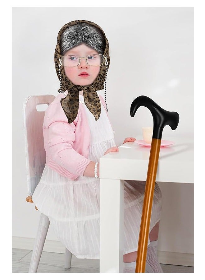 7 Pieces 100 Days of School Old Lady Wig Set Halloween Granny Costume Party Wigs with Glasses, Chain, Necklace, Headscarf, walking stick,Bracelet Dress Up Costume Cosplay Supplies  - Image 4