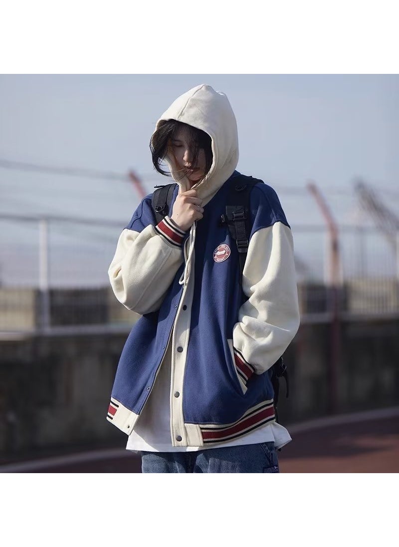 Generic - American Style Simple Bomber Jacket For Men Vintage Street Versatile Trendy Brand Functional Loose-fit Baseball Shirt Navy blue - Image 1