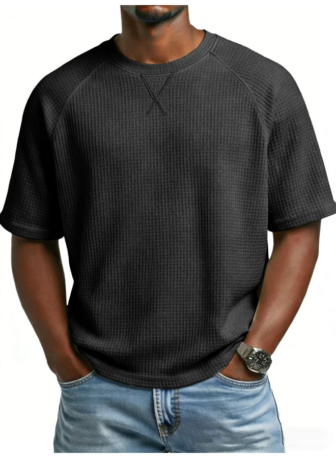European And American Spring Independent Site Men's Waffle Solid Color Embroidered Raglan Round Neck Casual Sports Short-sleeve Export T-shirt