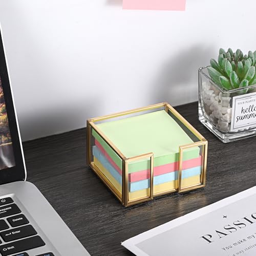 BTSKY Golden Glass Sticky Note Holder for 3x3 Inch Sticky Notes, Elegant Post It Note Dispenser with Non-Slip Pads Clear Notepad Holder for Desk Organization Planning, Home Office Decor - Image 2