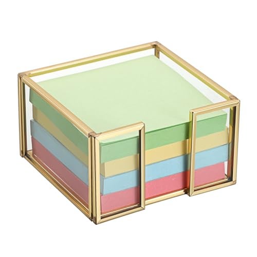 BTSKY Golden Glass Sticky Note Holder for 3x3 Inch Sticky Notes, Elegant Post It Note Dispenser with Non-Slip Pads Clear Notepad Holder for Desk Organization Planning, Home Office Decor - Image 1