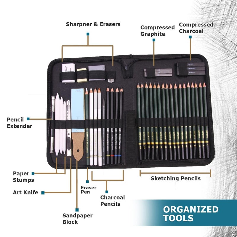 ART RANGER Art Ranger Art Sketching Pencils Drawing Kit 42 Pcs with Zippered Carrying Case (26 Pencil 6 Sticks 3 Stumps 3 Eraser 1 Sharpener 1 Sand Paper 1 Cutter 1 Extender 1 Carry Case)  - Image 2