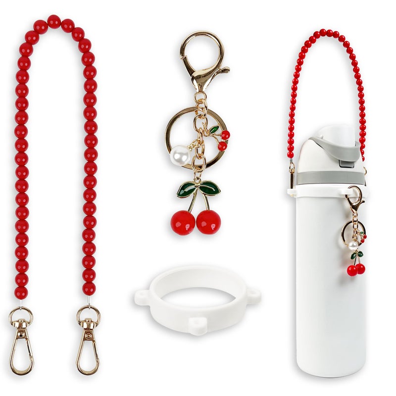 SITKOL Handle Strap and Cherry Charm Set for Owala Water Bottle 24 oz, 32 oz, 40 oz, Owala Kids, Owala Coffee Tumbler, Owala FreeSip, for Owala Accessories & Stanley Cup Accessories (Beaded Red) - Image 1