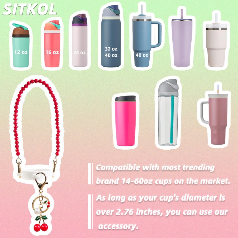 SITKOL Handle Strap and Cherry Charm Set for Owala Water Bottle 24 oz, 32 oz, 40 oz, Owala Kids, Owala Coffee Tumbler, Owala FreeSip, for Owala Accessories & Stanley Cup Accessories (Beaded Red) - Image 2