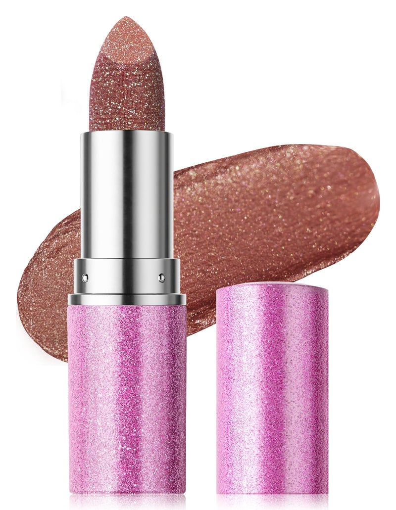 Erinde Metallic Glitter Lipstick for Women, Long Lasting Sparkle Brown Lipsticks, High Shine Diamond Creamy Lipstick Lipcolor Makeup, Hydrating Glimmer Finish, Sparkling Lip Gloss, 06 Gilded Bronze - Image 1