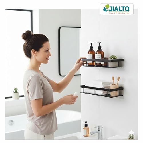 JIALTO 1 Pcs Bathroom Accessories - Multipurpose Aluminium Bathroom Shelf for Wall | Self-Adhesive Wall Mounted Bathroom Organiser Without Drill | 1 Pcs Black Bathroom Shelf | Bathroom Rack (Black) - Image 3