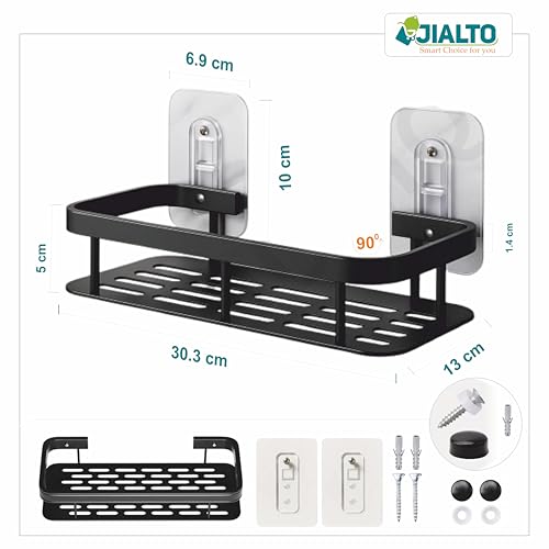 JIALTO 1 Pcs Bathroom Accessories - Multipurpose Aluminium Bathroom Shelf for Wall | Self-Adhesive Wall Mounted Bathroom Organiser Without Drill | 1 Pcs Black Bathroom Shelf | Bathroom Rack (Black) - Image 2