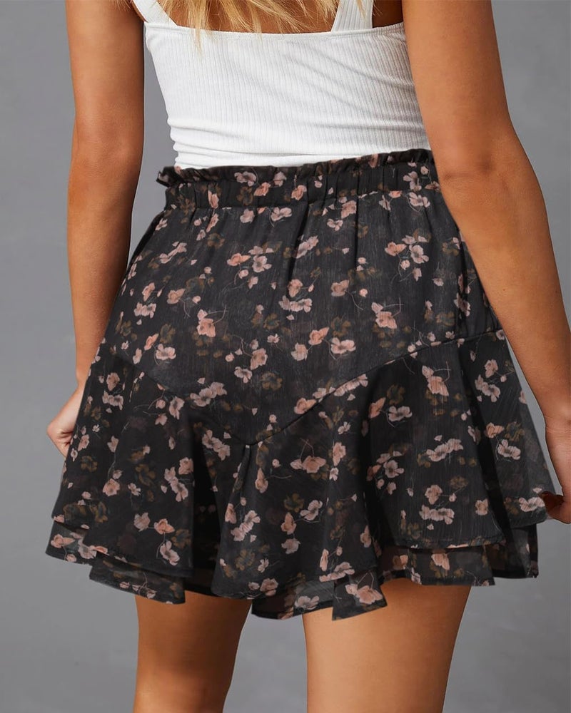 Aoudery Flowy Shorts for Women Casual Boho Floral Skorts Ruffle Mini Skirts Running Tennis Butterfly Chiffon Shorts - Floral Black02 S - Image 2