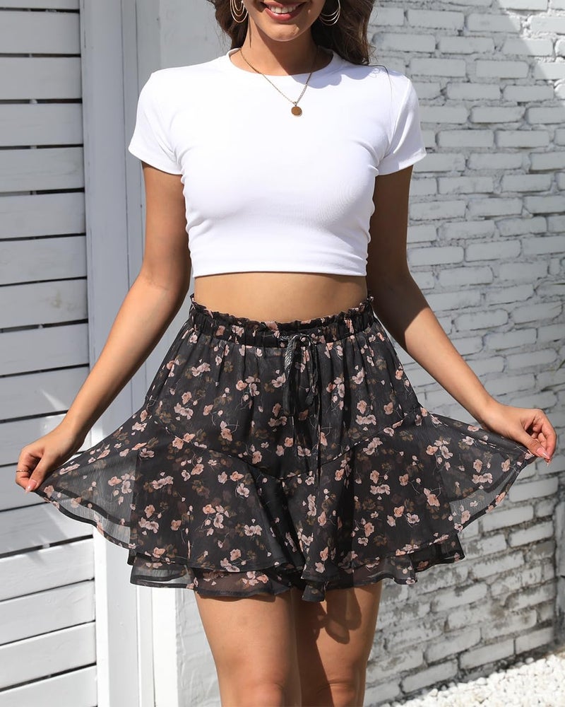 Aoudery Flowy Shorts for Women Casual Boho Floral Skorts Ruffle Mini Skirts Running Tennis Butterfly Chiffon Shorts - Floral Black02 S - Image 3
